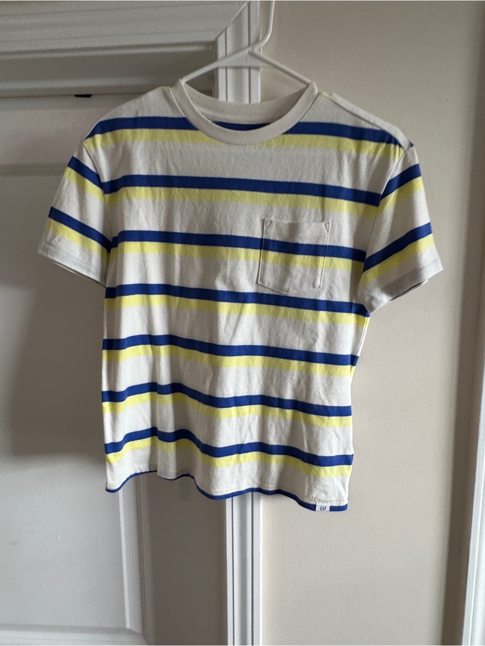 Boy’s White Striped Pocket Tee - Blue & Yellow- Size 10 (L)